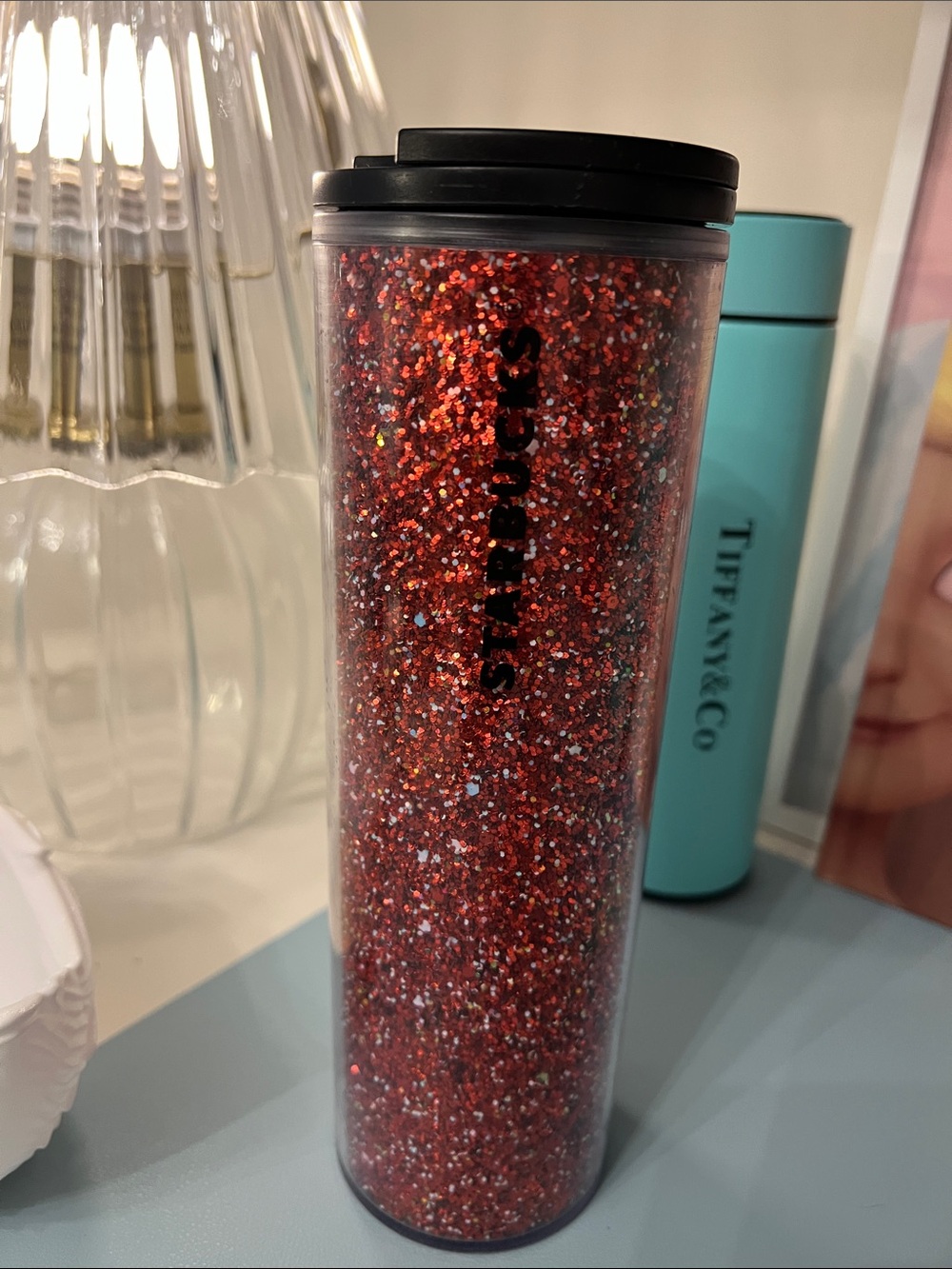 Starbucks Red Glitter Travel Tumbler with Black Lid